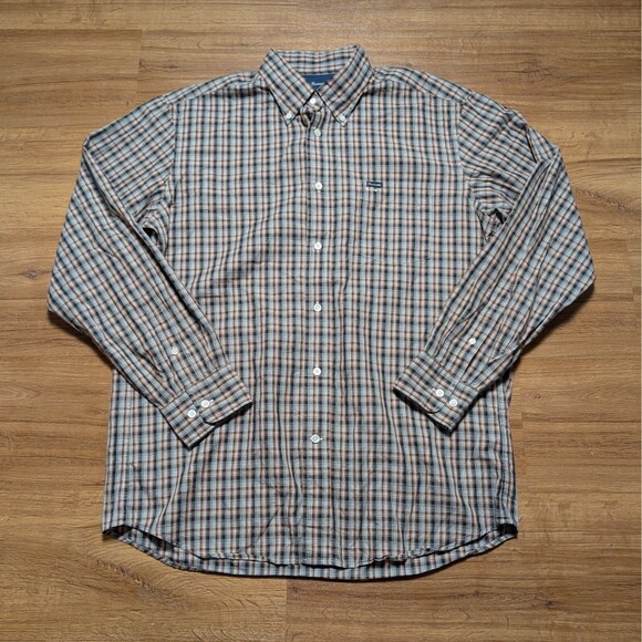Faconnable Button Down Shirt Mens Large Brown Plaid Check Long Sleeve - Picture 1 of 11